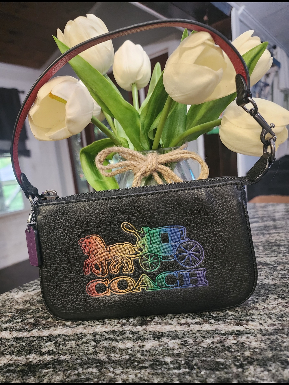 Coach Nolita Black Pebbled Leather Rainbow Logo Wristlet